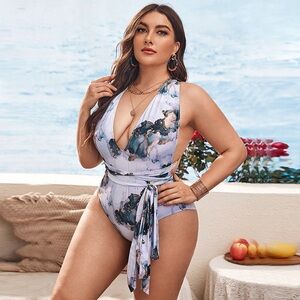 SHEIN Blue and Black Artistic One Piece Swimsuit